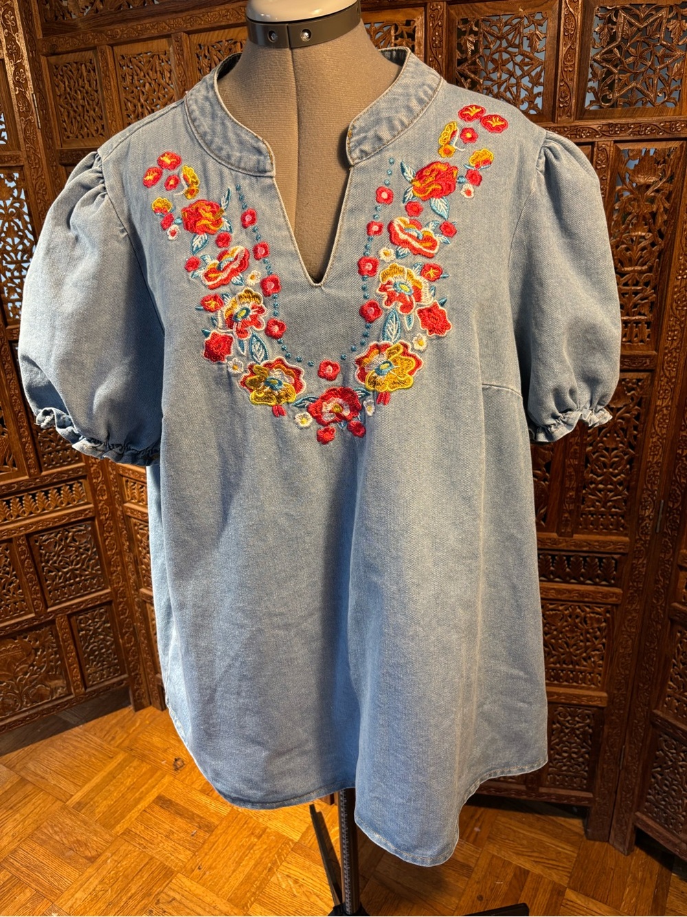 Light Blue Denim Embroidered Puff-Sleeve Tunic